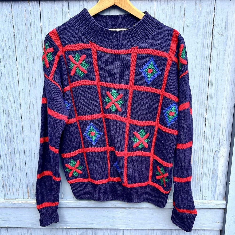 VINTAGE 80s Christmas Sweater‎ Womens M Robert Scott Blue Geometric Grandma Ugly